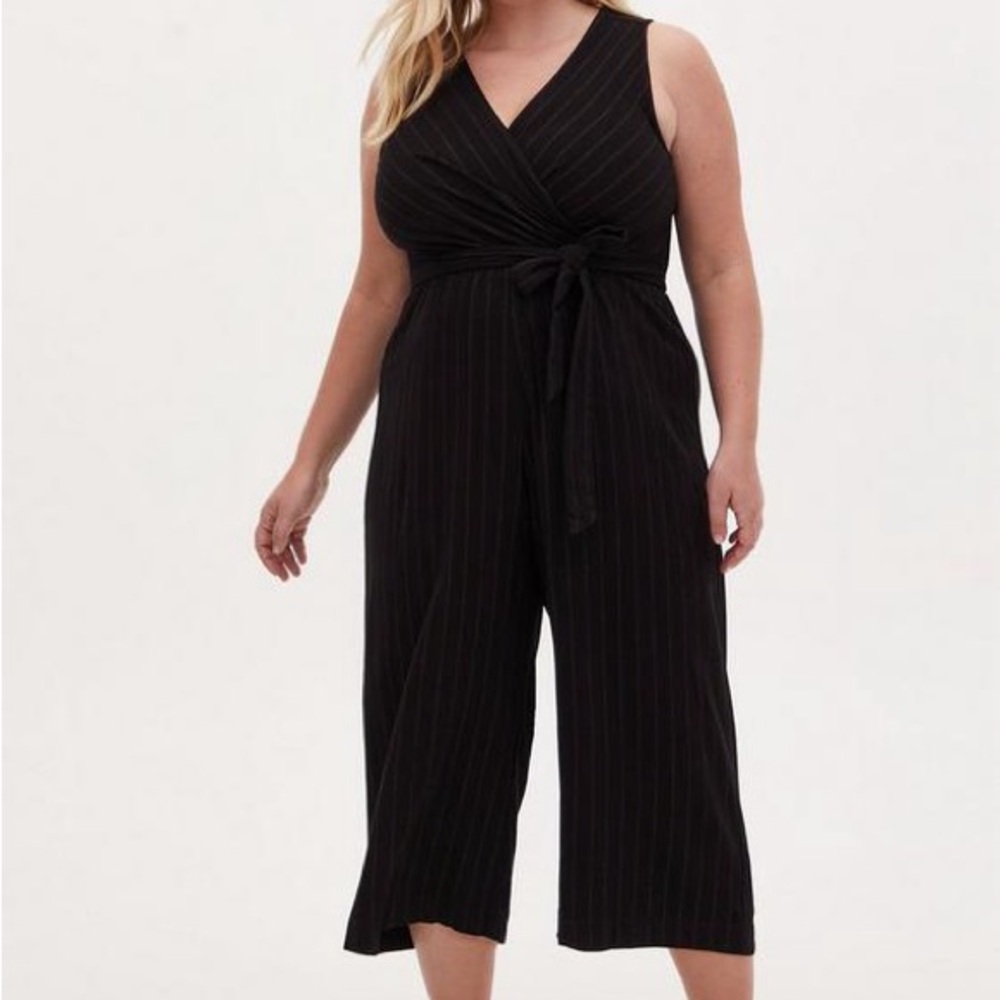 TORRID Black Stripe Ponte Jumpsuit Sleeveless, Wide Leg, Stretch Knit